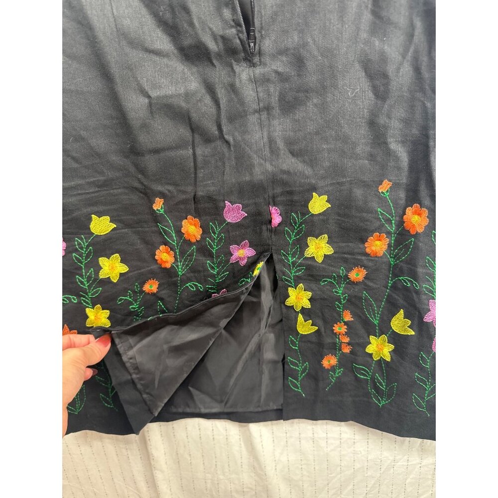 Vintage R&K Originals Sheath Dress Sz 10 Black Linen Floral Embroidered Cottage - Picture 5 of 9